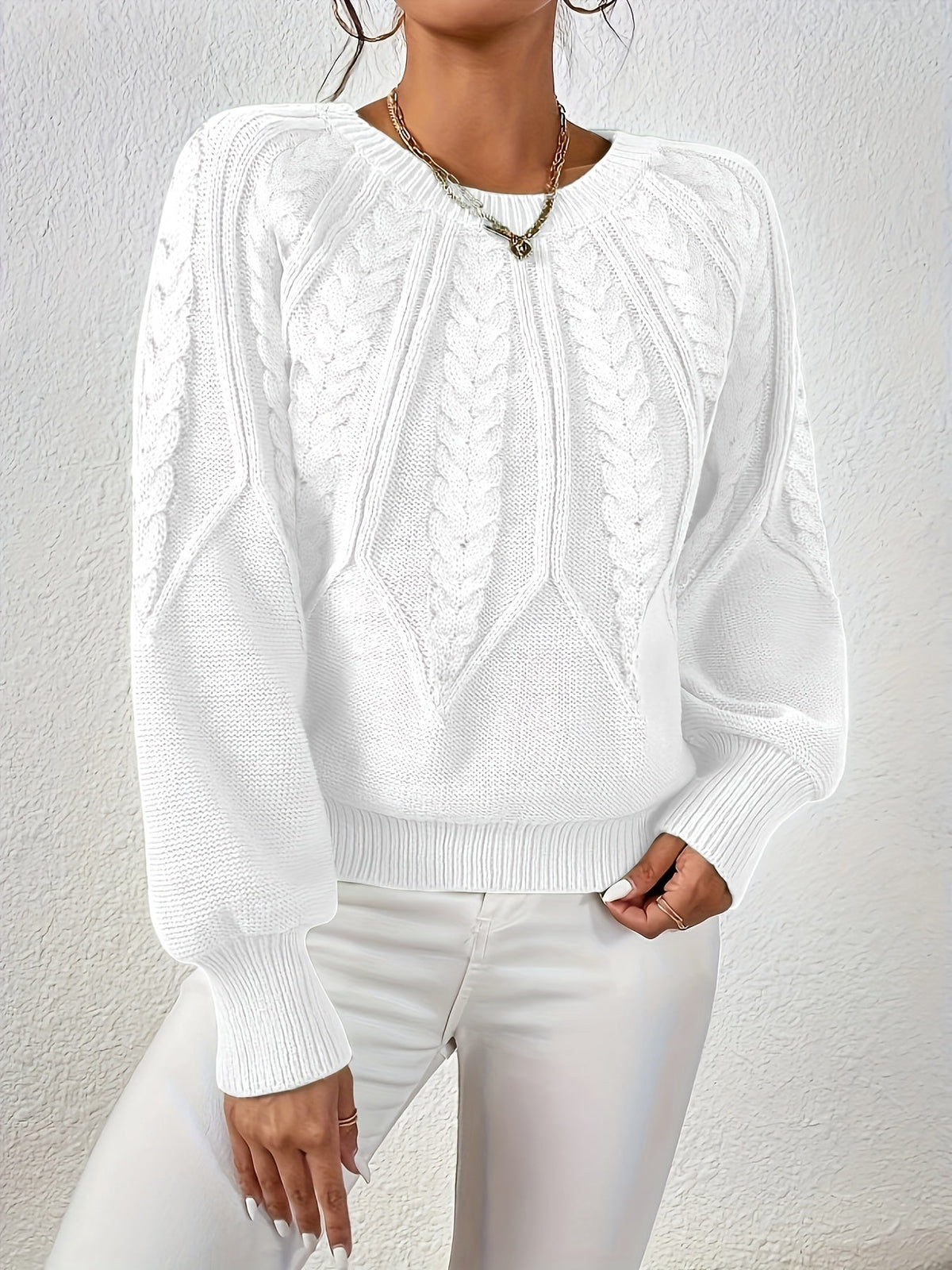 Azalea Cable-Knit Raglan Crew-Neck Sweater