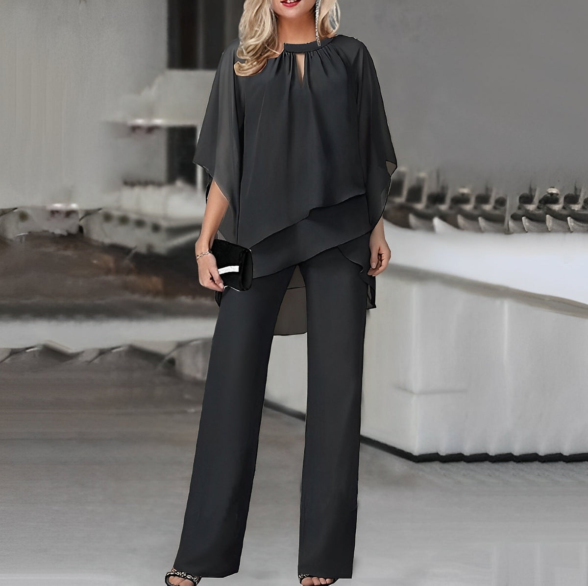 Selenne Cape-Sleeve Wide-Leg Two-Piece Set Formal