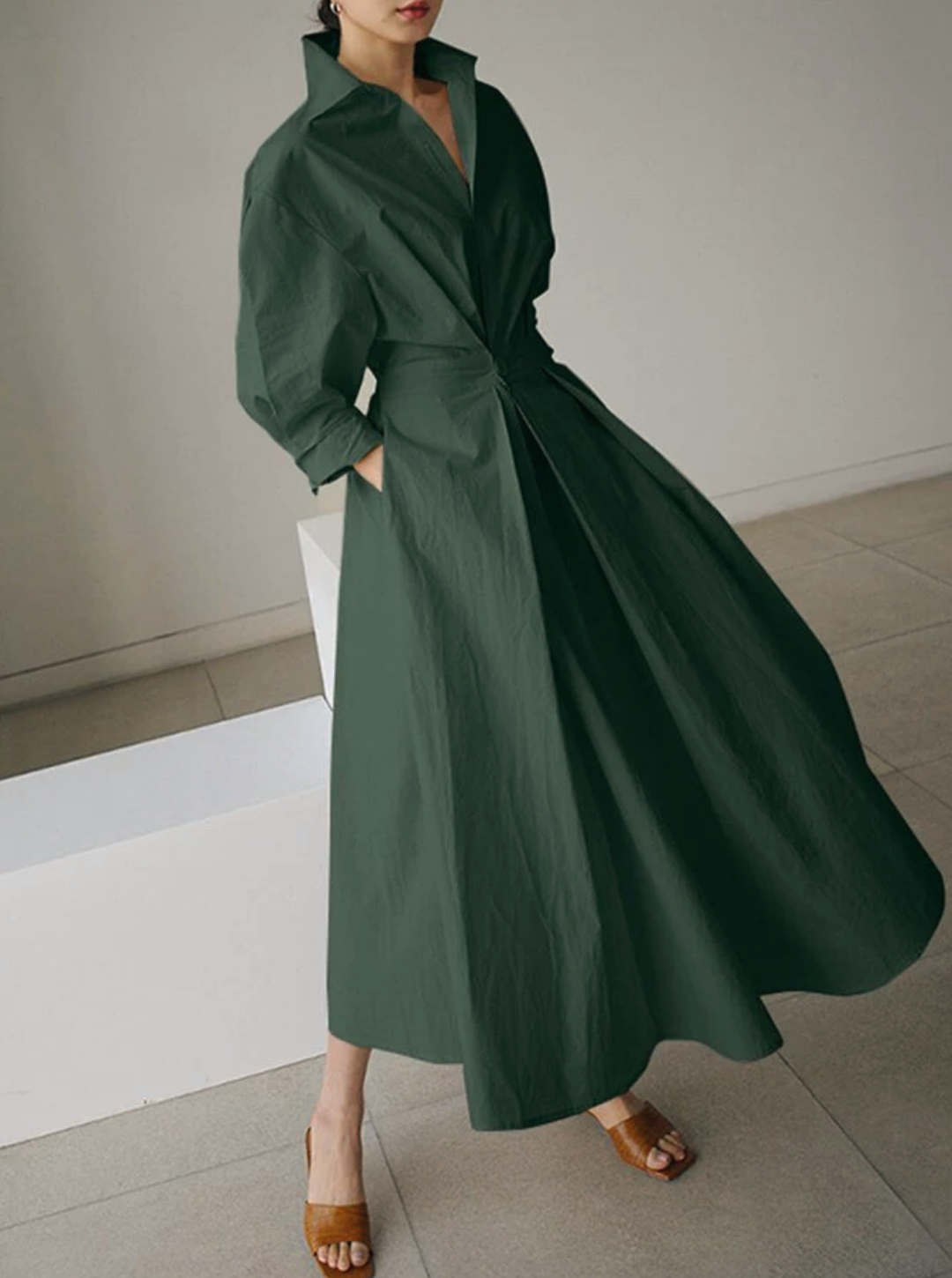 Shirt Maxi Dress Pleated Waist Long Sleeve Casual Occasion Wear