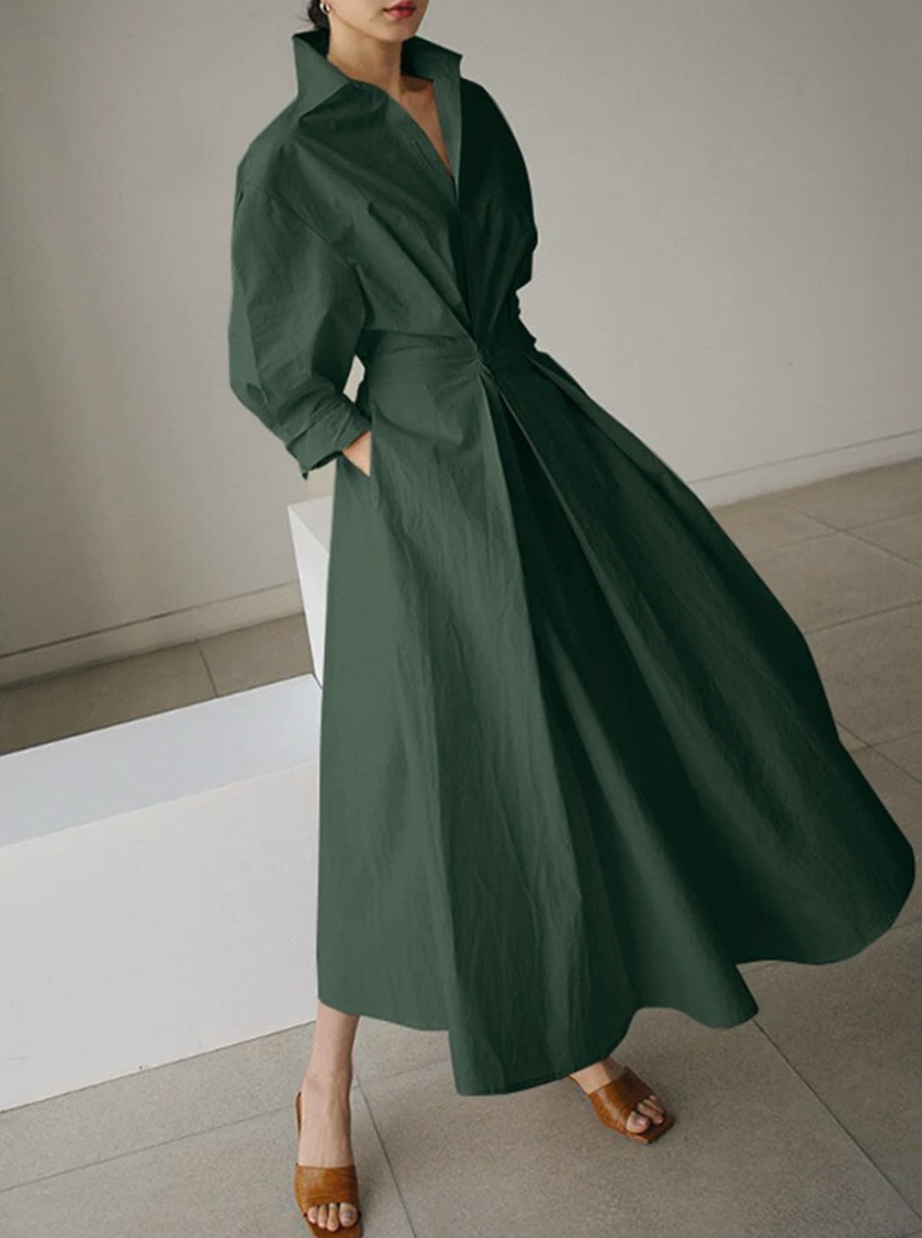 Shirt Maxi Dress Pleated Waist Long Sleeve Casual Occasion Wear