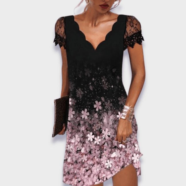Seraphine V-Neck Lace Trim Short Sleeve Dress Asymmetrical Cutout