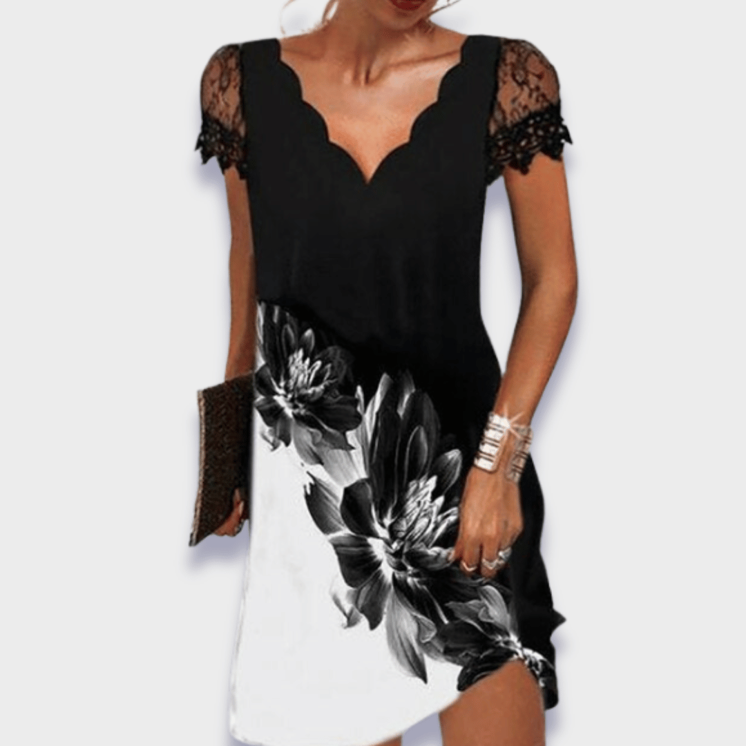 Seraphine V-Neck Lace Trim Short Sleeve Dress Asymmetrical Cutout