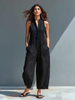 Celia Wide-Leg Button-Front Sleeveless Jumpsuit Casual Pockets