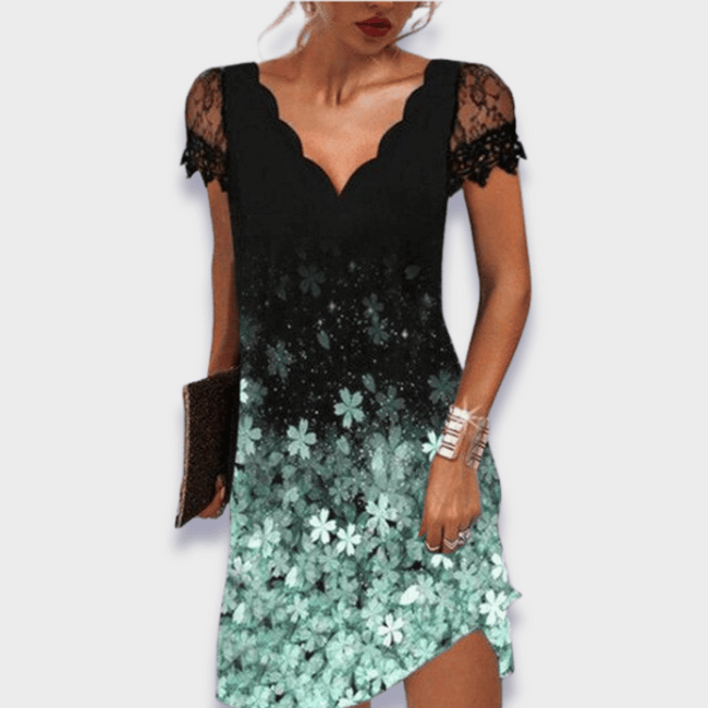 Seraphine V-Neck Lace Trim Short Sleeve Dress Asymmetrical Cutout