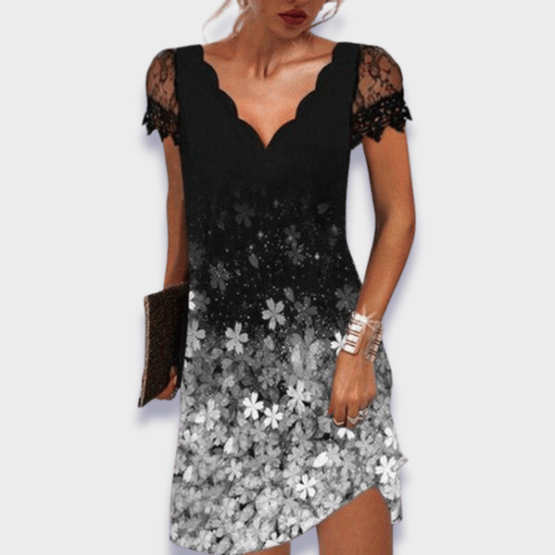 Seraphine V-Neck Lace Trim Short Sleeve Dress Asymmetrical Cutout