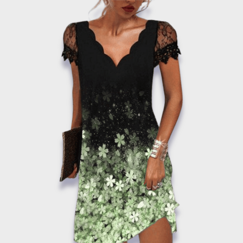 Seraphine V-Neck Lace Trim Short Sleeve Dress Asymmetrical Cutout