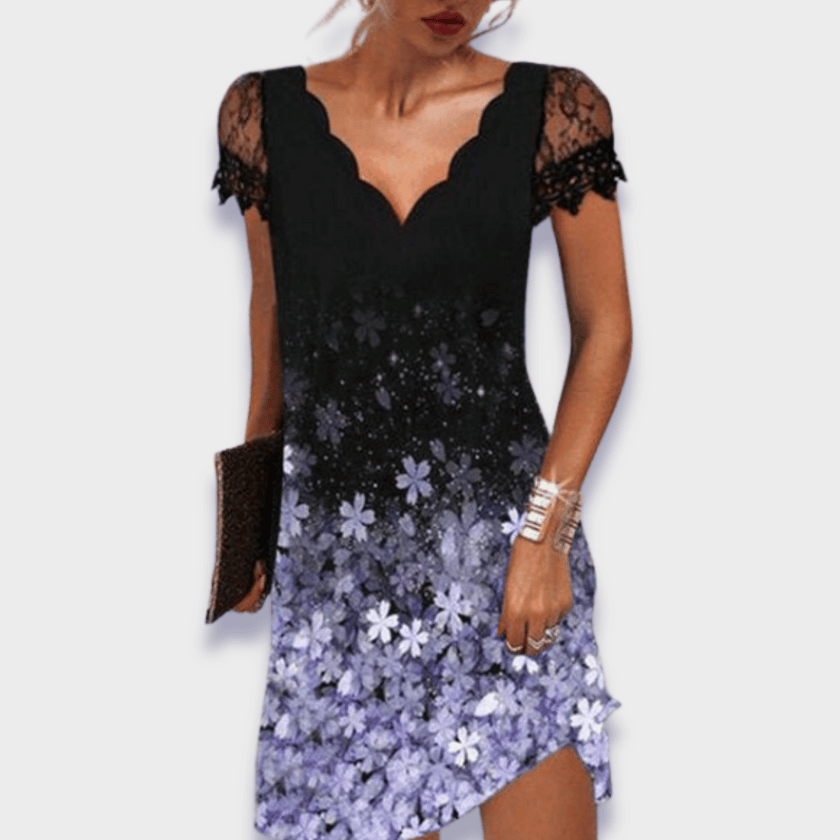 Seraphine V-Neck Lace Trim Short Sleeve Dress Asymmetrical Cutout