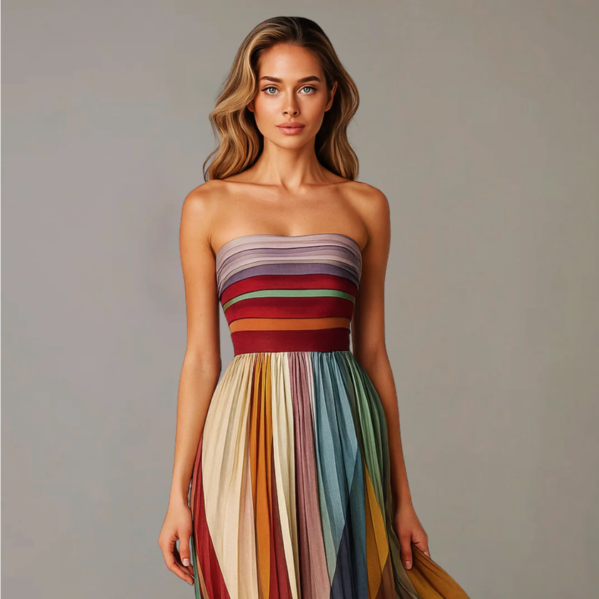 Colorful Strapless Pleated Summer Maxi Dress for Women Elegant Fit