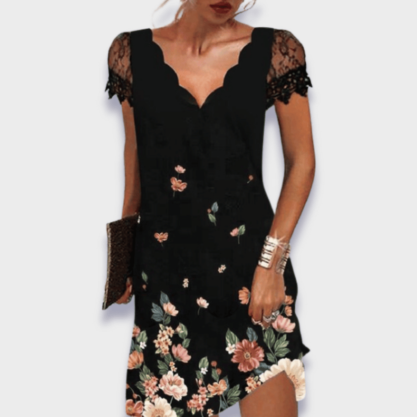 Seraphine V-Neck Lace Trim Short Sleeve Dress Asymmetrical Cutout