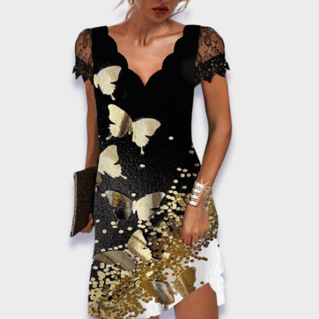 Seraphine V-Neck Lace Trim Short Sleeve Dress Asymmetrical Cutout