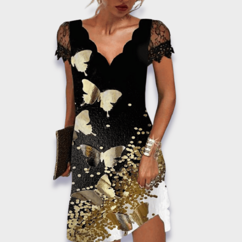 Seraphine V-Neck Lace Trim Short Sleeve Dress Asymmetrical Cutout