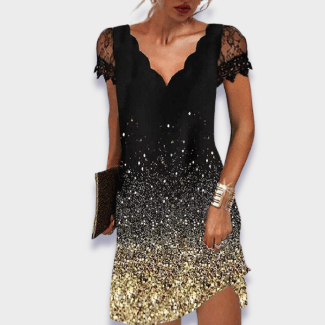 Seraphine V-Neck Lace Trim Short Sleeve Dress Asymmetrical Cutout