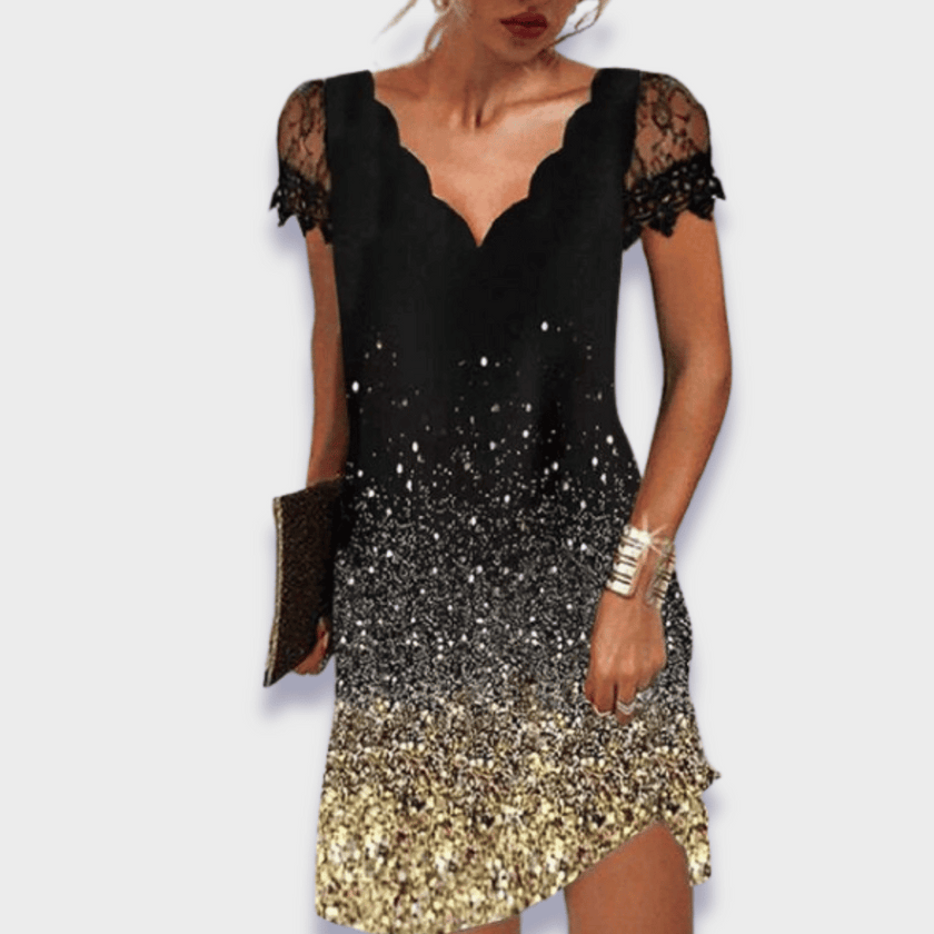 Seraphine V-Neck Lace Trim Short Sleeve Dress Asymmetrical Cutout