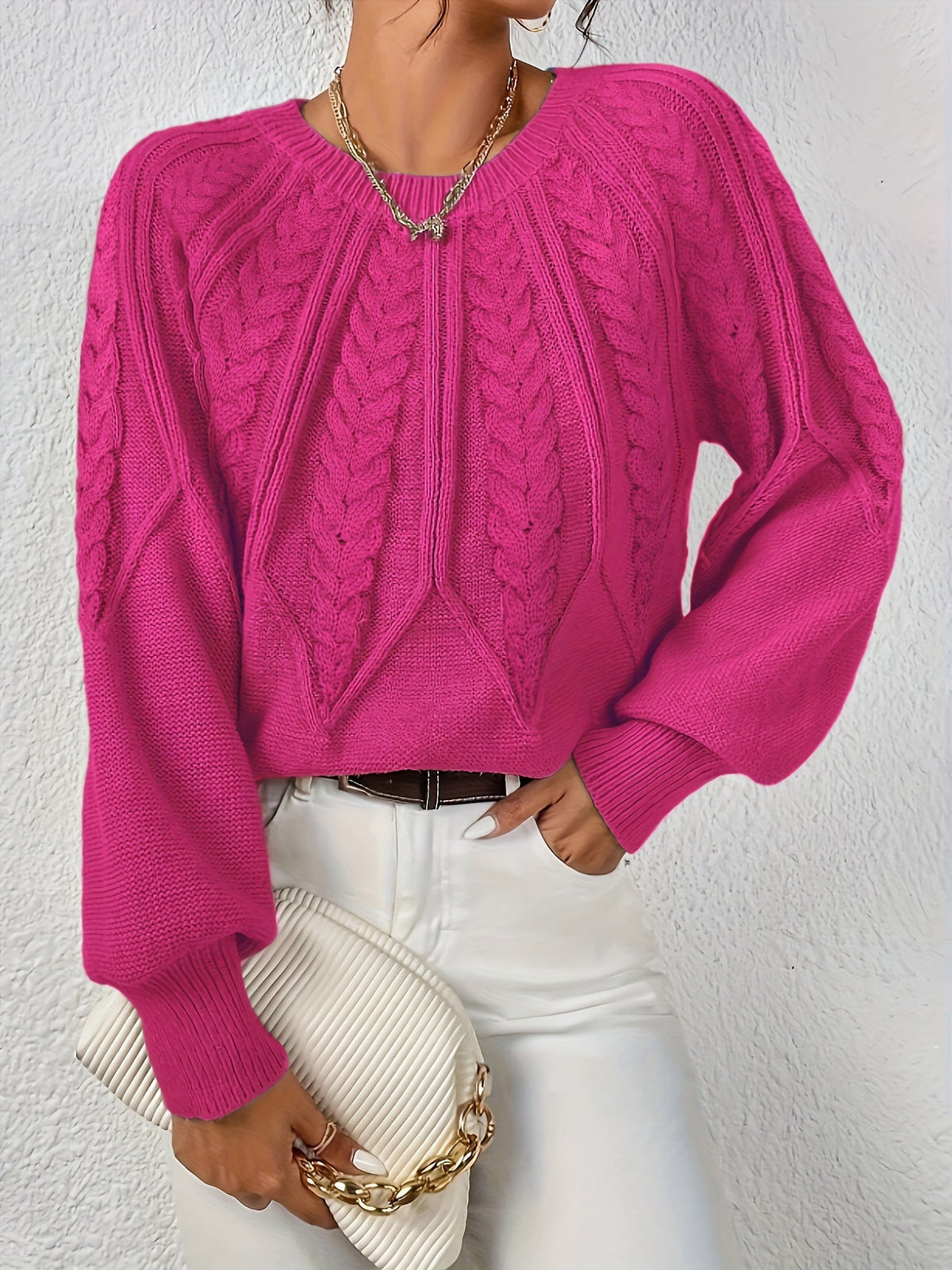 Azalea Cable-Knit Raglan Crew-Neck Sweater