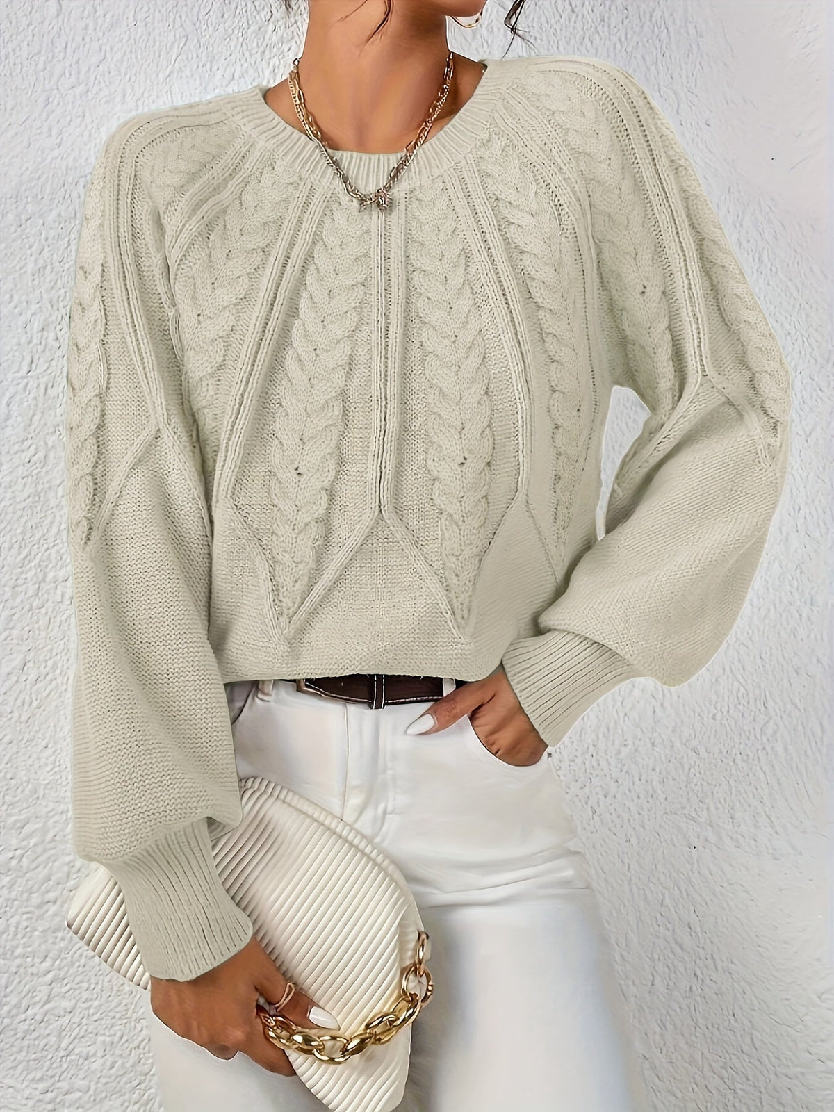 Azalea Cable-Knit Raglan Crew-Neck Sweater