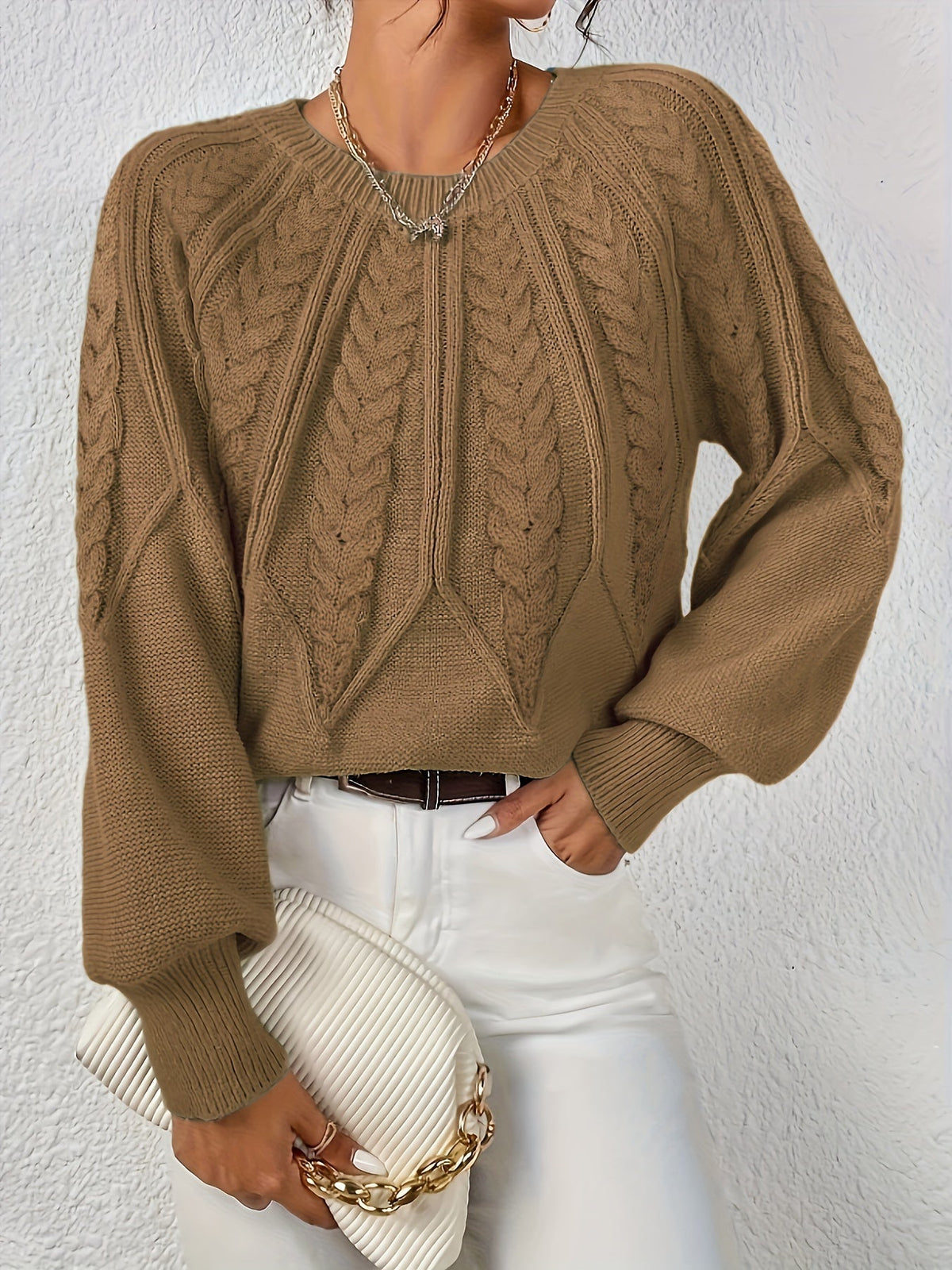 Azalea Cable-Knit Raglan Crew-Neck Sweater