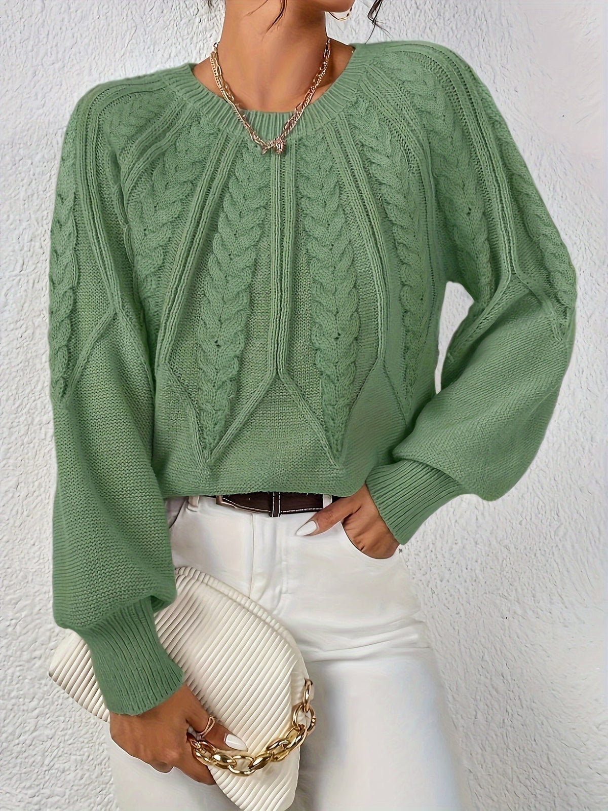 Azalea Cable-Knit Raglan Crew-Neck Sweater