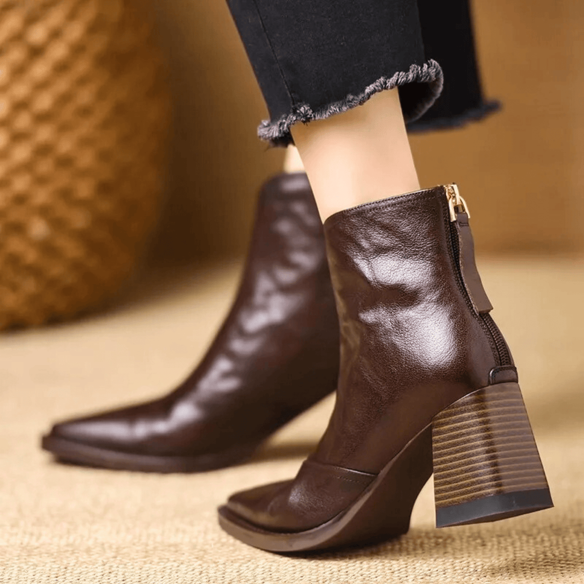 Saveria Block Heel Back-Zip Ankle Boots