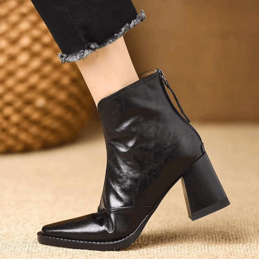 Saveria Block Heel Back-Zip Ankle Boots