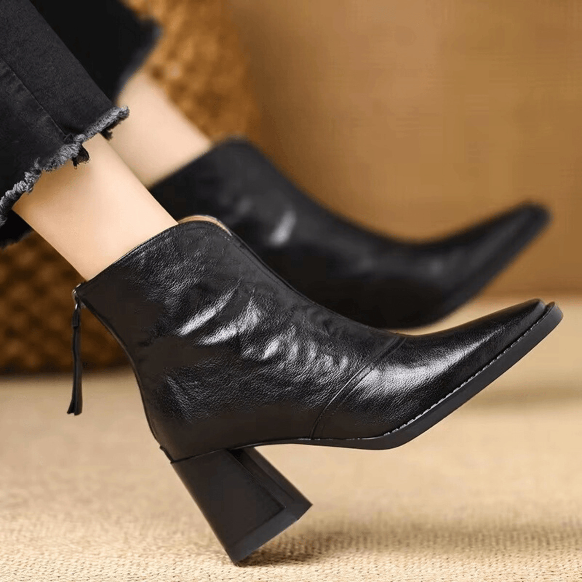 Saveria Block Heel Back-Zip Ankle Boots