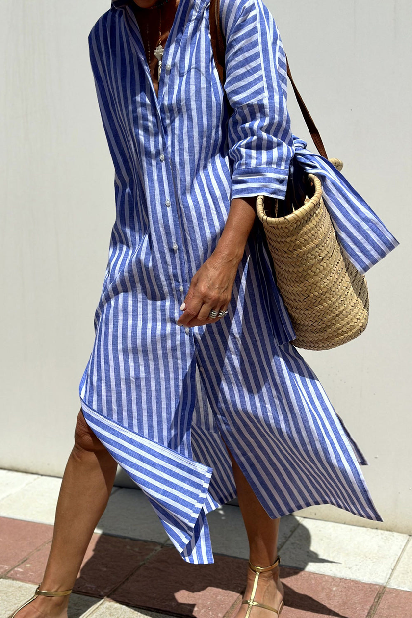 Adeline Striped Linen Button-Down Midi Dress