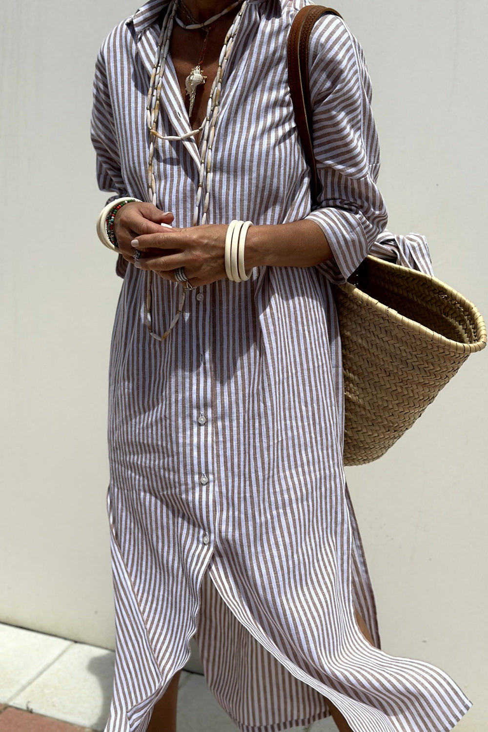 Adeline Striped Linen Button-Down Midi Dress
