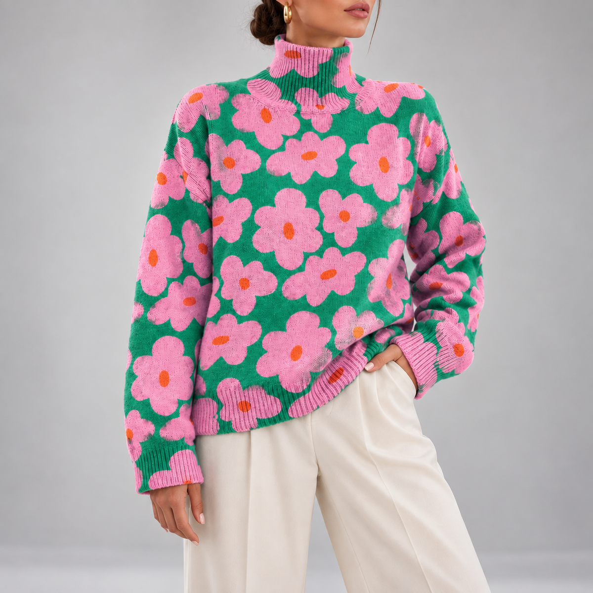 Rosamund Floral Roll-Neck Knit Sweater