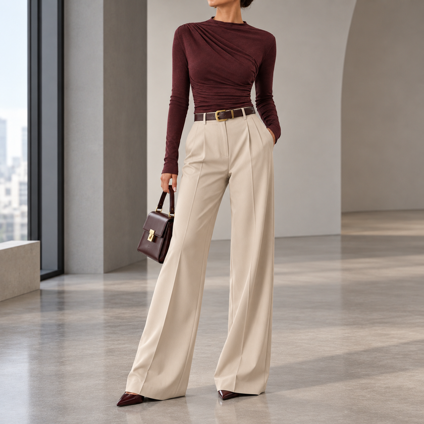 Fiorella Ruched Mock-Neck Long-Sleeve Top