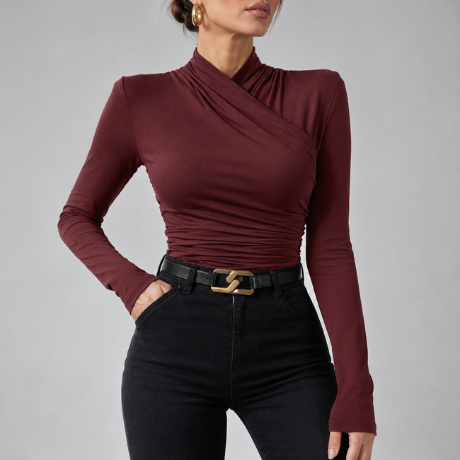 Delphina Cross-Over Collar Cinched Top