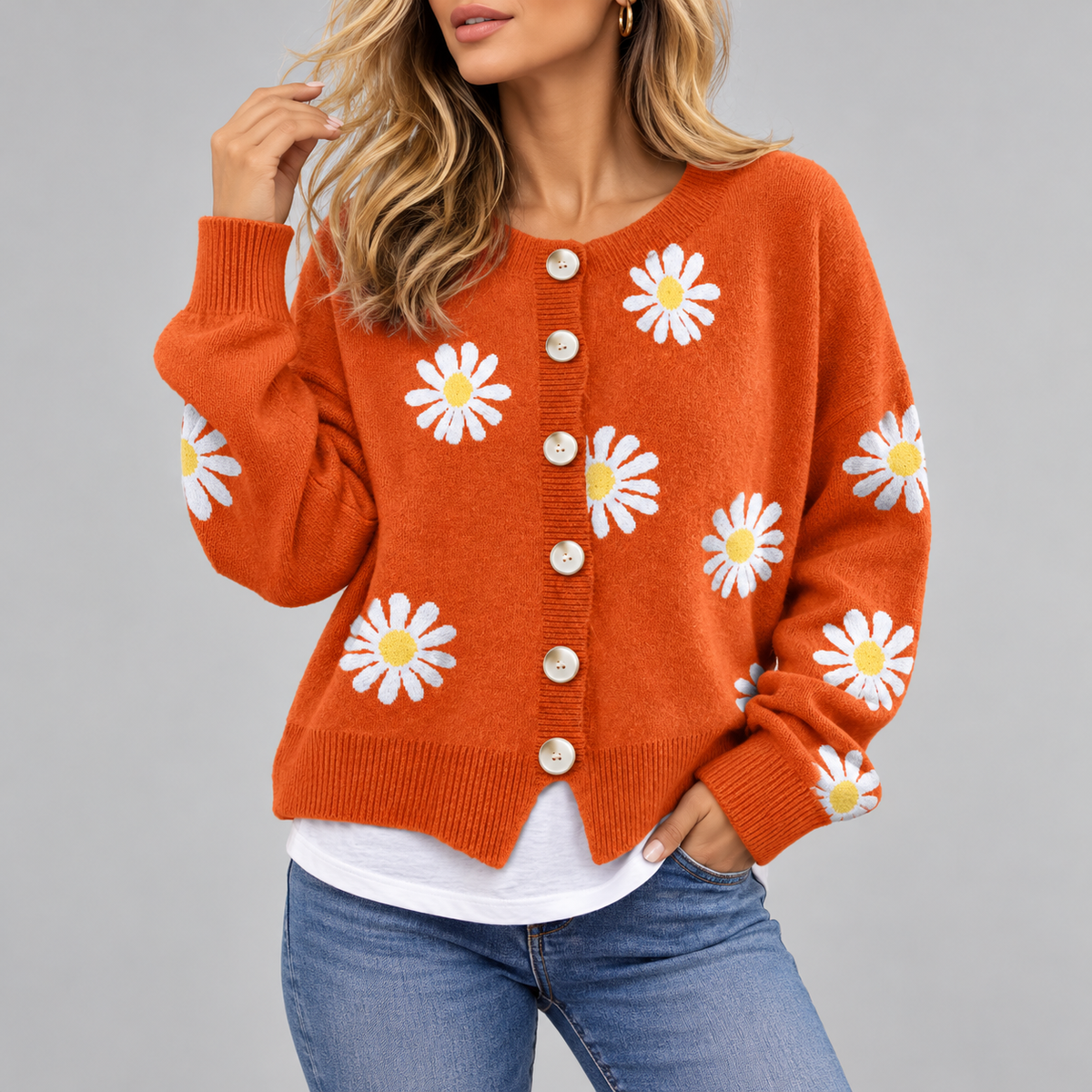 Serena Daisy Embroidered Button-Front Cardigan