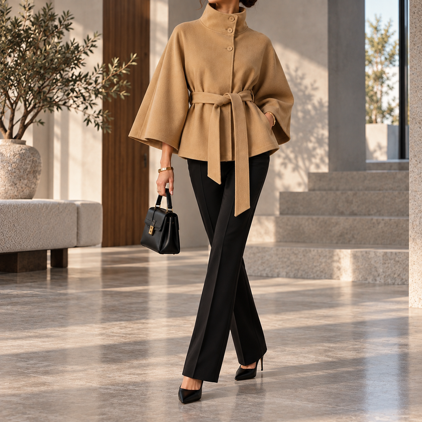 Simone Belted High-Neck Cape Coat