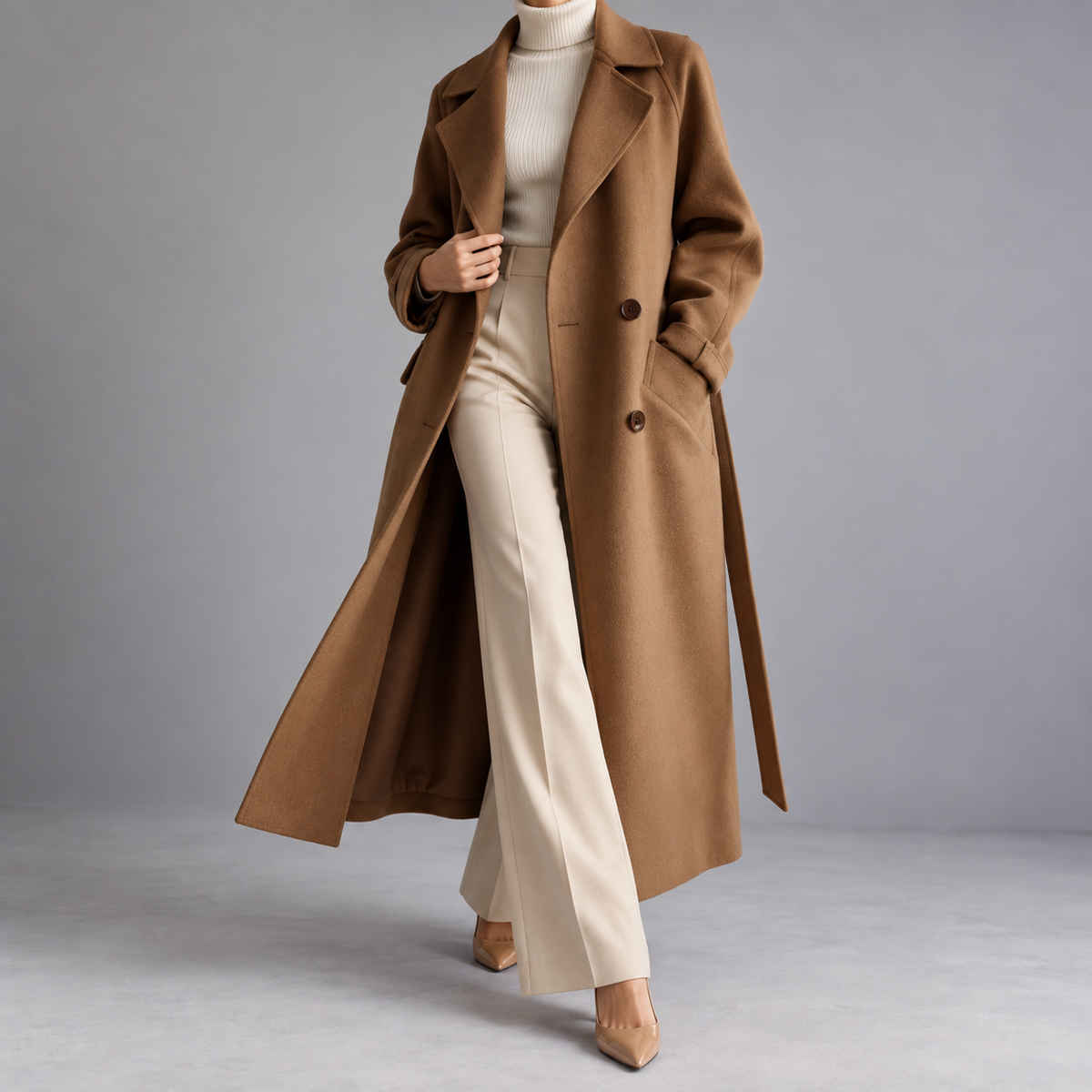 Larissa Belted Double-Breasted Long Wool Coat