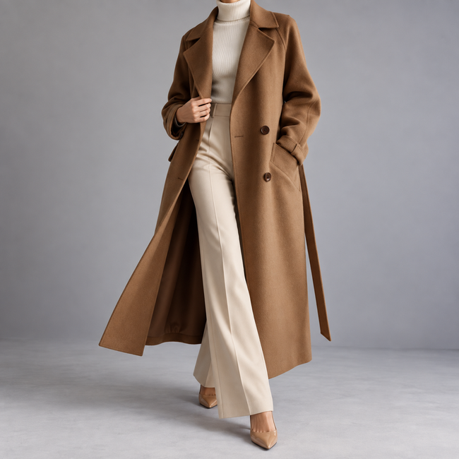 Larissa Belted Double-Breasted Long Wool Coat