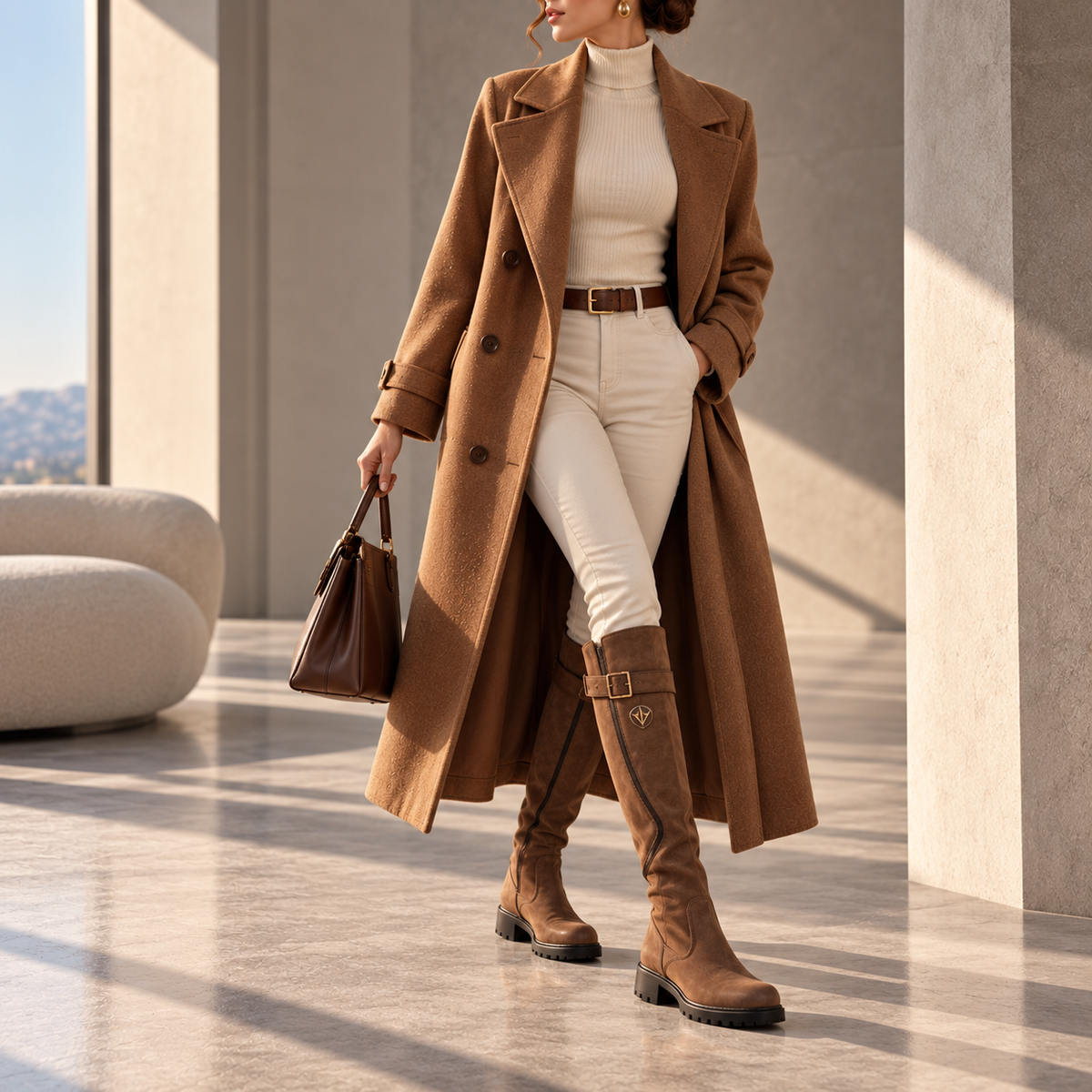 Larissa Belted Double-Breasted Long Wool Coat