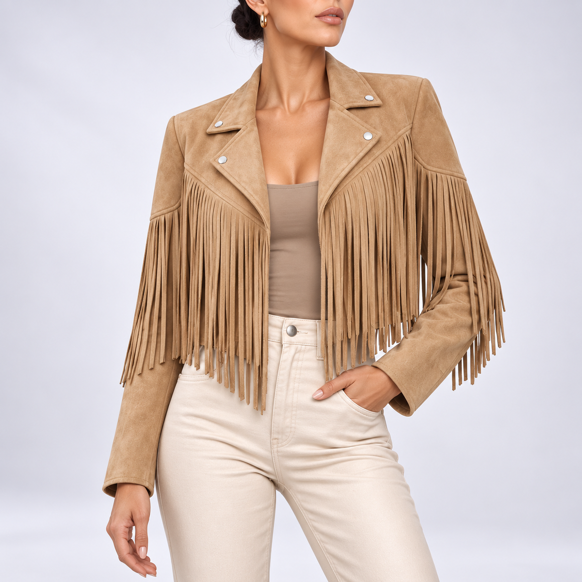 Savannah Cropped Boho Fringe Suede Jacket