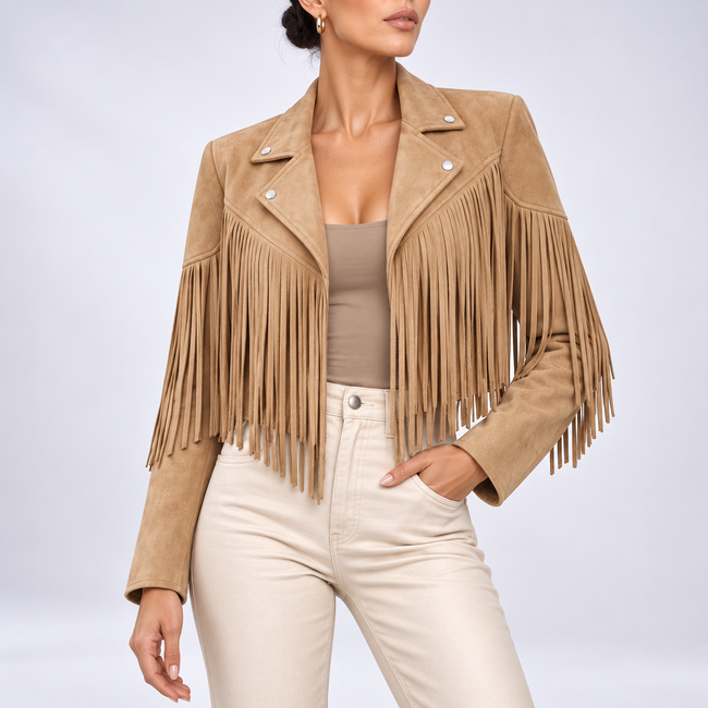 Savannah Cropped Boho Fringe Suede Jacket
