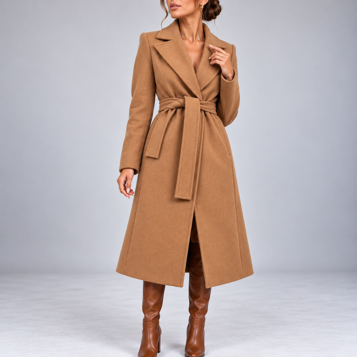 Marcelline Belted Shawl-Collar Wrap Coat