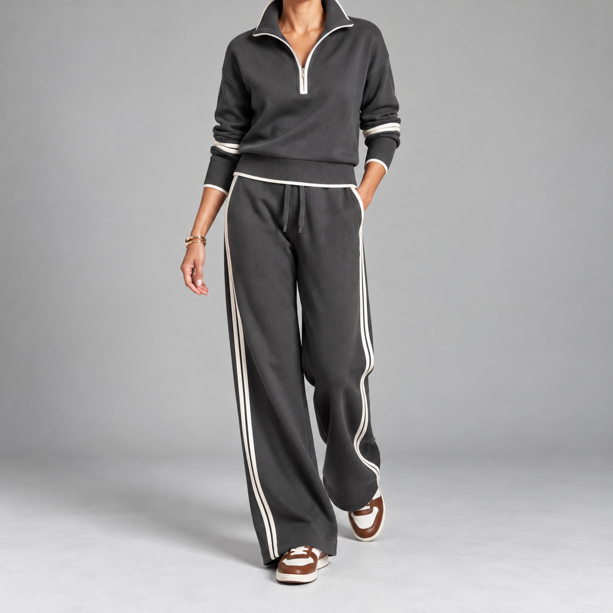 Serenella Zip-Neck Knit Wide-Leg Pants Set