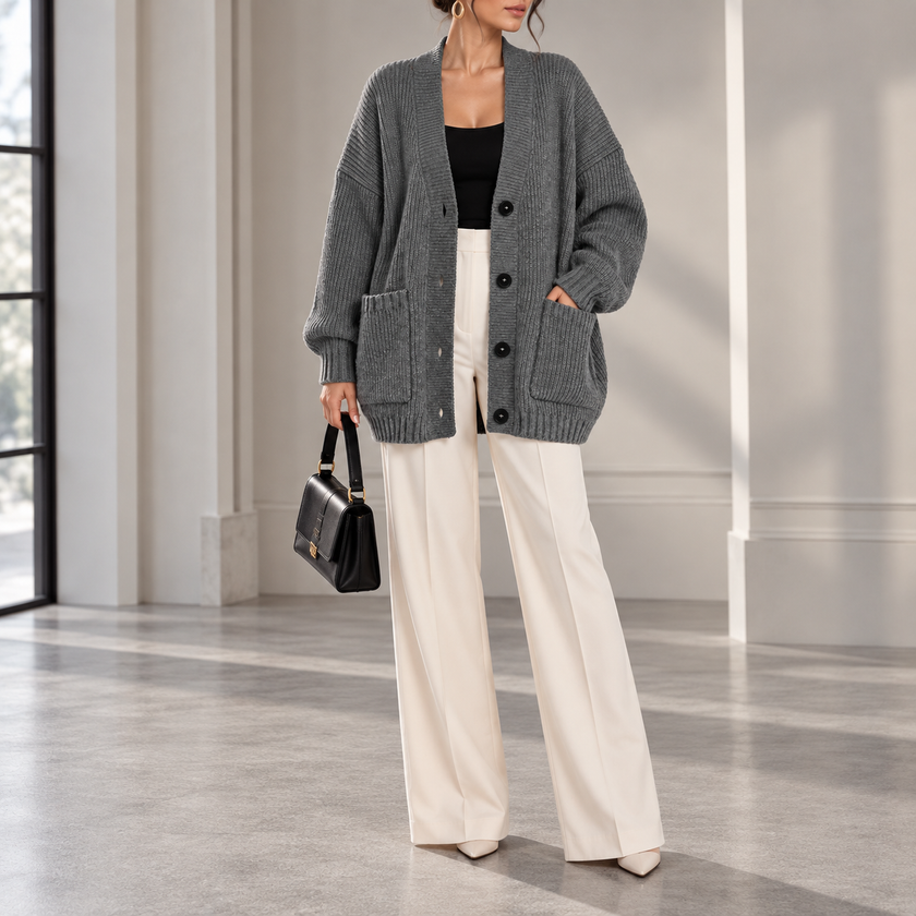 Paolina Relaxed Button-Front Pocket Cardigan