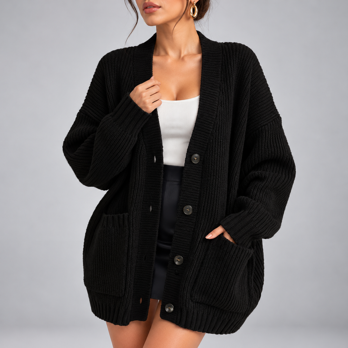 Paolina Relaxed Button-Front Pocket Cardigan