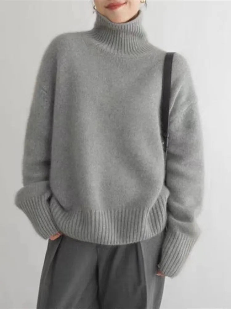 Ivory Luxe Roll Neck Cashmere Sweater Women Relaxed