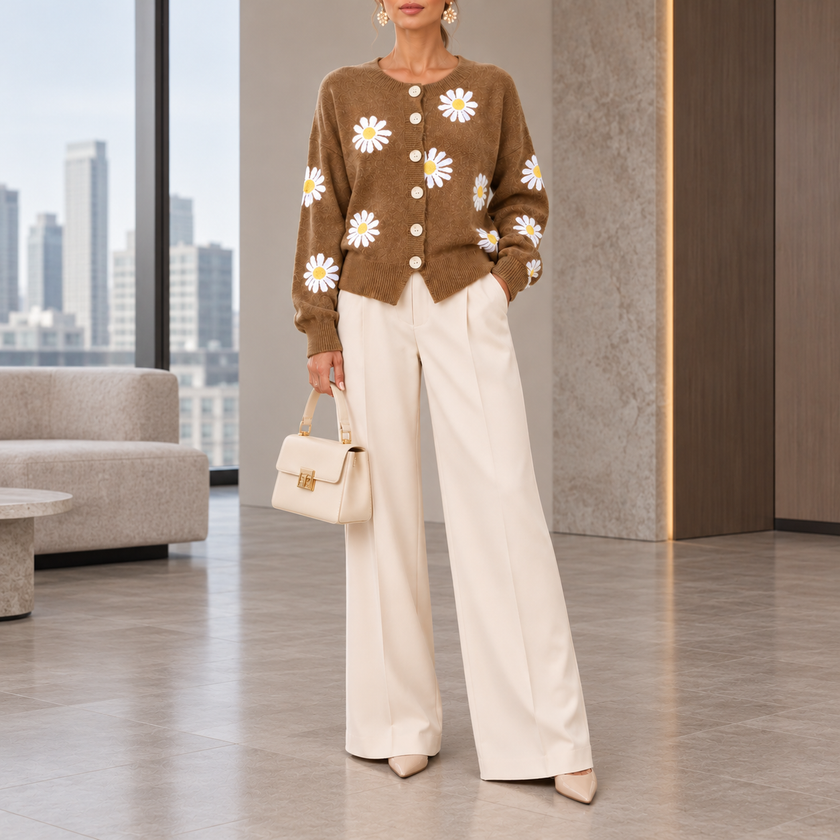 Serena Daisy Embroidered Button-Front Cardigan