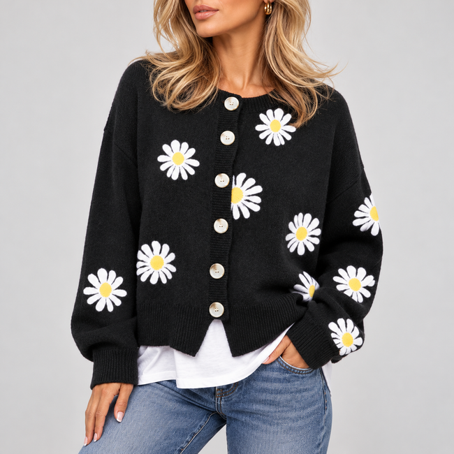 Serena Daisy Embroidered Button-Front Cardigan