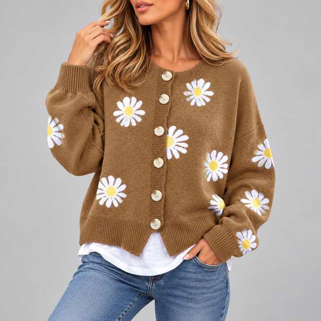 Serena Daisy Embroidered Button-Front Cardigan
