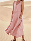 Marisol Linen Midi Dress Sleeveless Pockets Casual