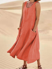 Marisol Linen Midi Dress Sleeveless Pockets Casual