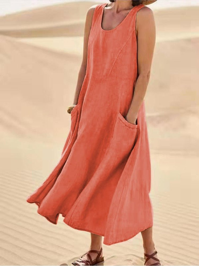 Marisol Linen Midi Dress Sleeveless Pockets Casual