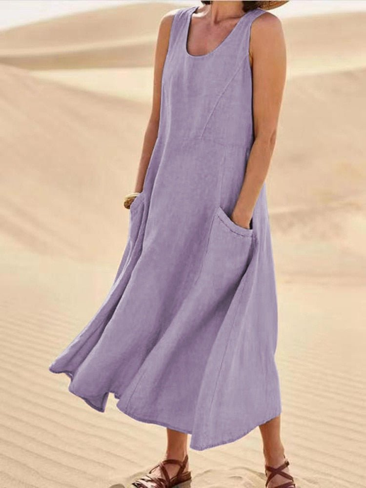 Marisol Linen Midi Dress Sleeveless Pockets Casual
