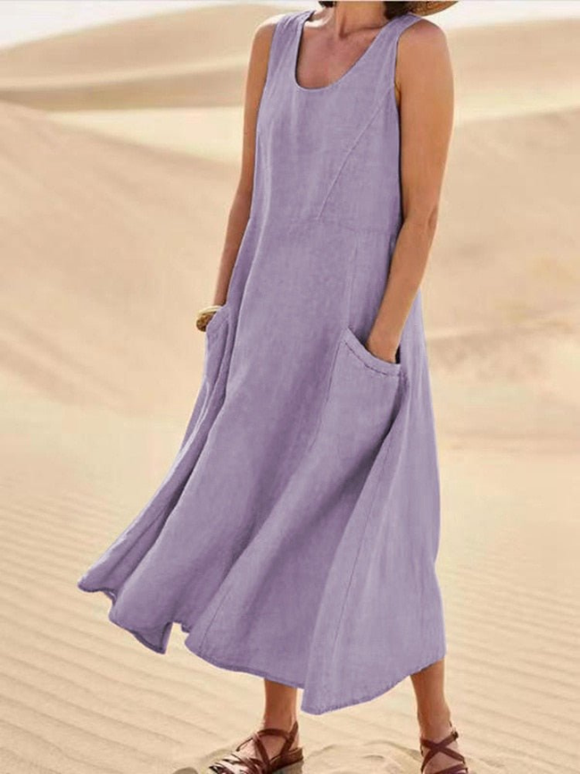 Marisol Linen Midi Dress Sleeveless Pockets Casual