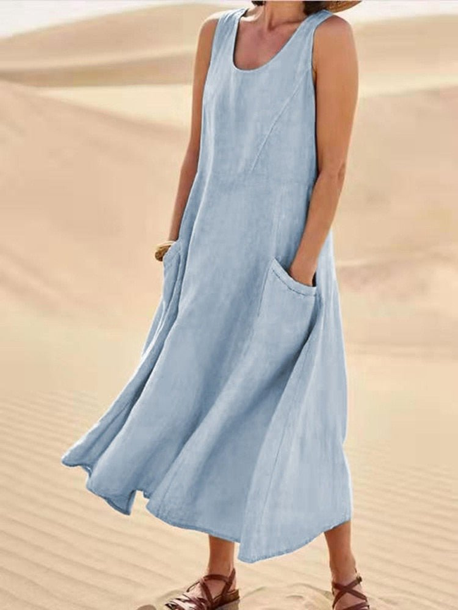 Marisol Linen Midi Dress Sleeveless Pockets Casual